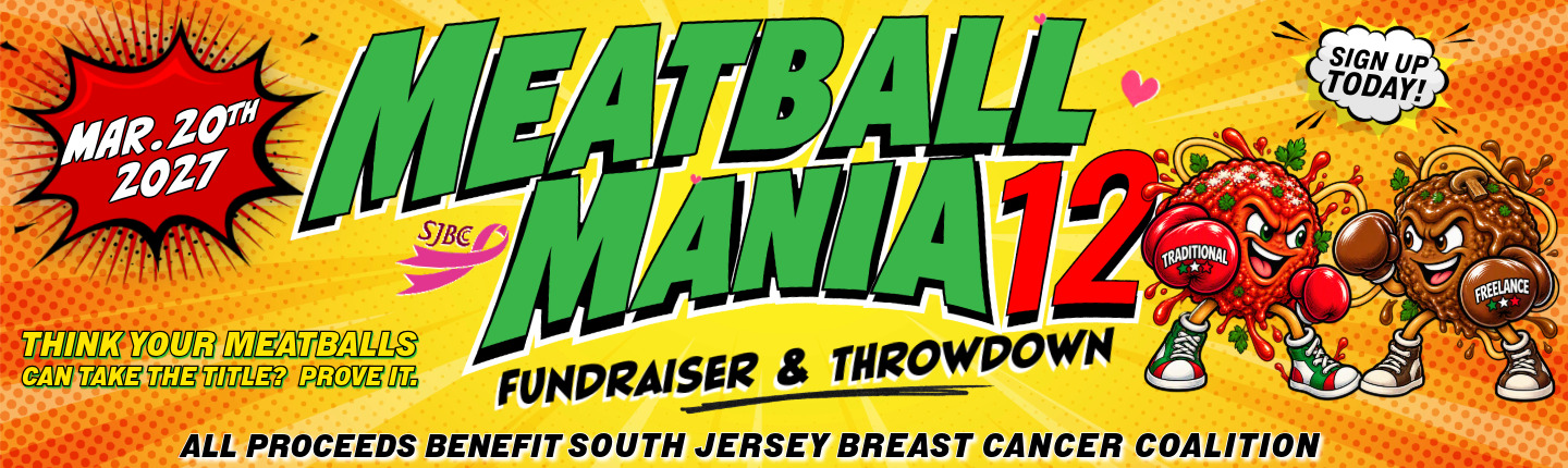 Meatball Mania 12 web header. Date: March 20, 2027. Time: 3 PM. Location: Berlin Brewing Co. 220 S. White Horse Pike, Berlin, NJ 08009